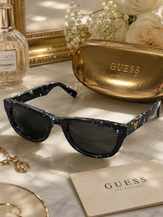 Guess Accessories - Guess Marbled Black White Rectangular Sunglasses w/ Guess Hard Case Vintage
